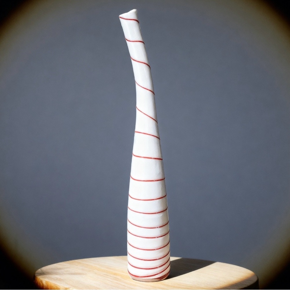 Vintage Murano Style Art Glass Hand Blown Curved White Vase with Red Spiral